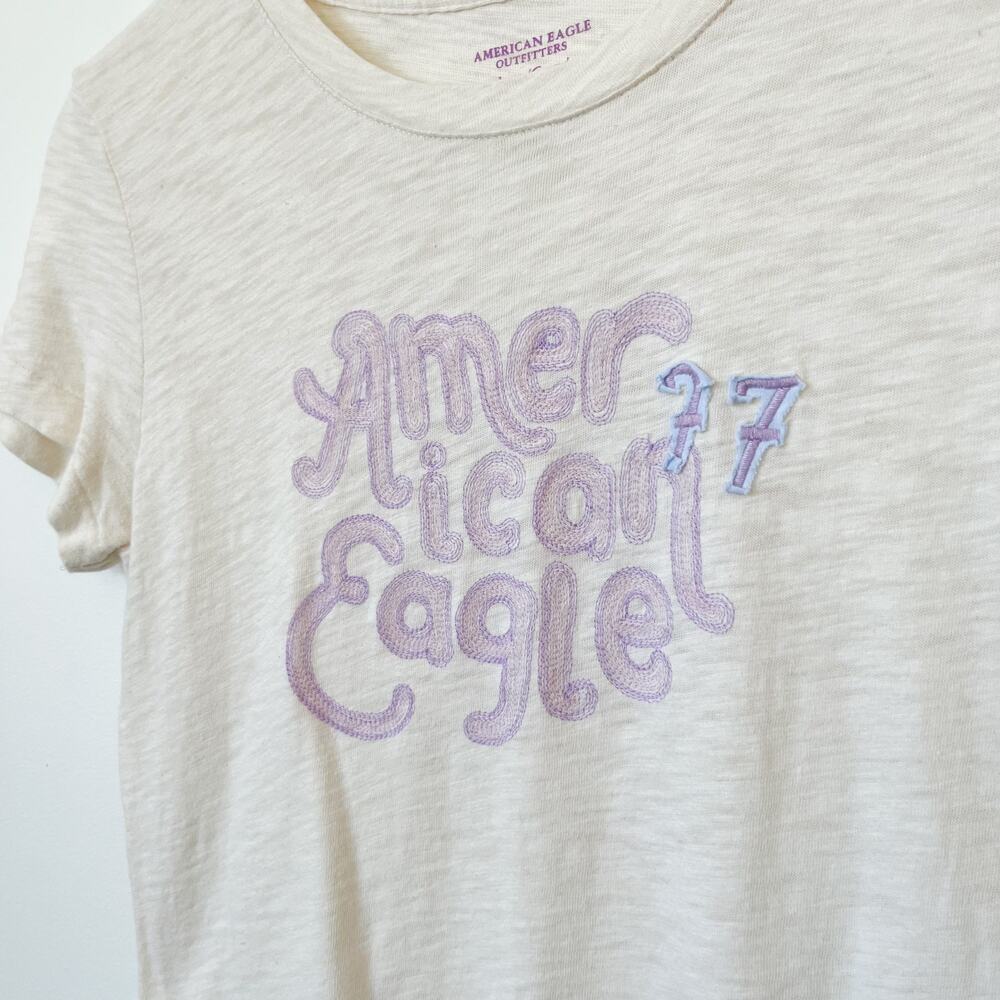 American Eagle Y2K Spell Out Stitched Short Sleeve Long‎ Graphic Tee Shirt Large